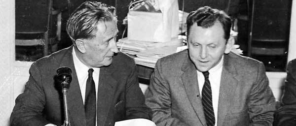 Nahum Goldmann, founding president of the Claims Conference, and Saul Kagan, the executive director, at a 1958 meeting in London in 1958.